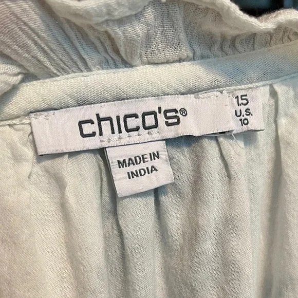 Chico’s Blue White Bohemian Balloon Sleeve Maxi Dress Pockets size 10 - Picture 9 of 10